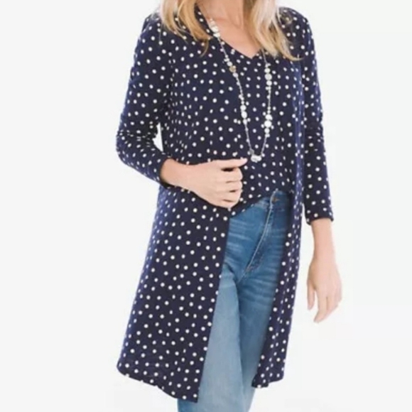 CHICO'S  Polka Dot Cardigan AND Sleeveless Shell Set Navy Blue and Tan Size 3 XL - Picture 2 of 8